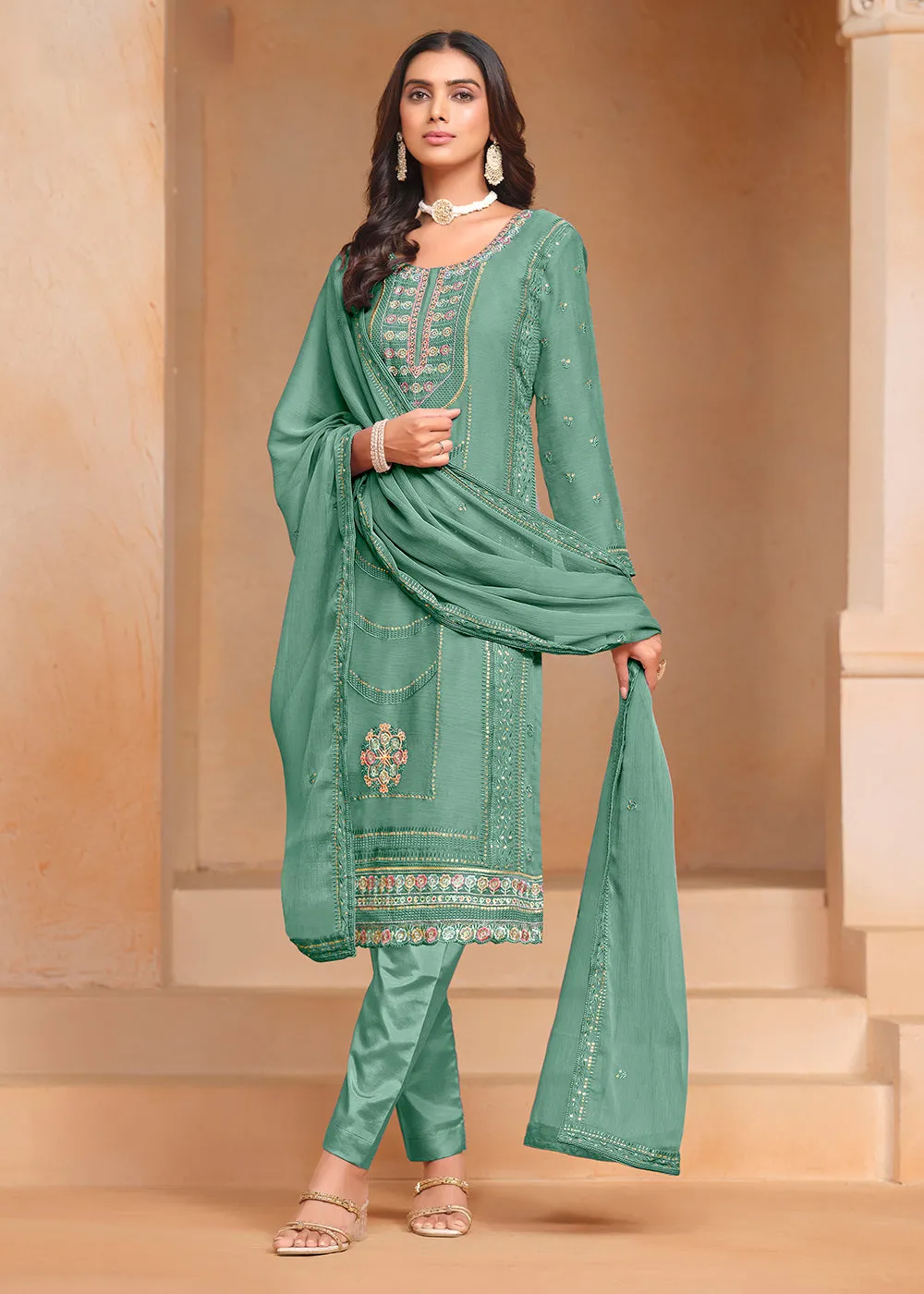 Aqua Organza Chiffon Embroidered Festive Salwar Suit