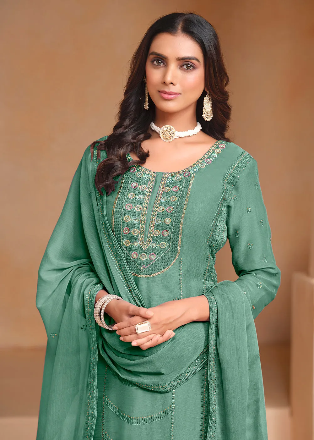 Aqua Organza Chiffon Embroidered Festive Salwar Suit