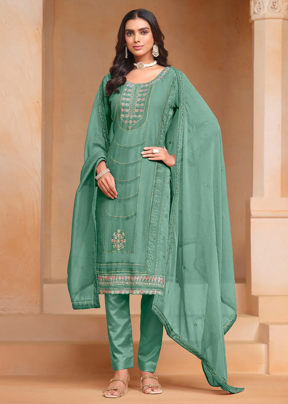 Aqua Organza Chiffon Embroidered Festive Salwar Suit