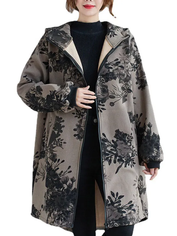 Artistic Retro Loose Floral Printed Hooded Long Sleeves Outwear