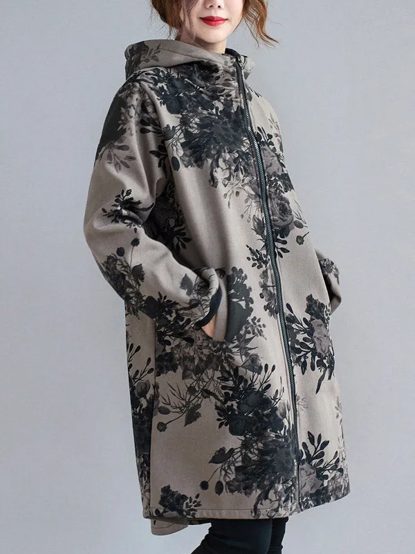 Artistic Retro Loose Floral Printed Hooded Long Sleeves Outwear