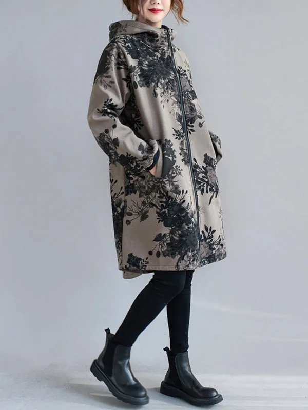 Artistic Retro Loose Floral Printed Hooded Long Sleeves Outwear