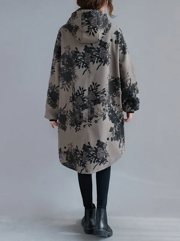 Artistic Retro Loose Floral Printed Hooded Long Sleeves Outwear