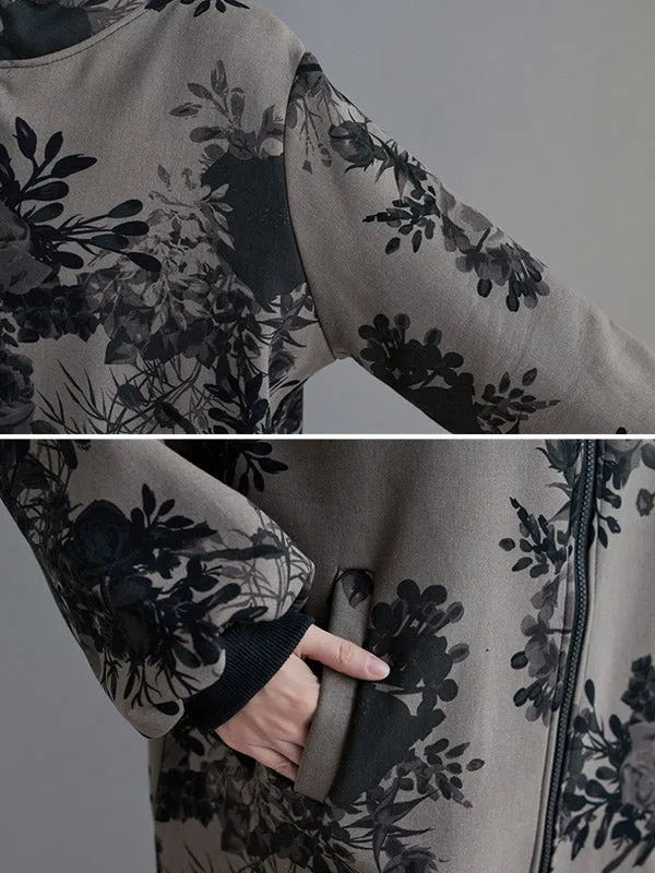 Artistic Retro Loose Floral Printed Hooded Long Sleeves Outwear