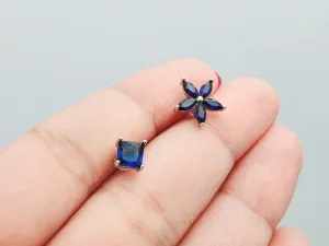 Asymmetrical Blue Crystal Stud Earrings, Sterling Silver