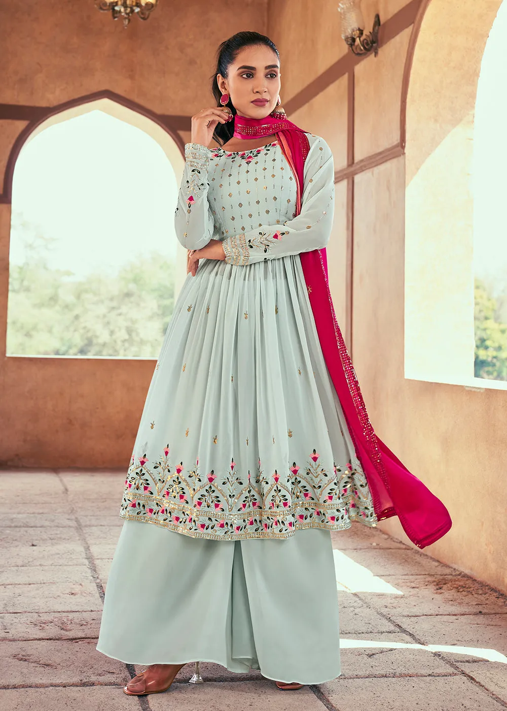 Attractive Georgette Sky Blue Embroidered Palazzo Salwar Suit