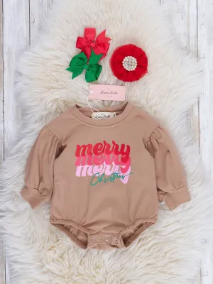 Beige "Merry Christmas" Puff Sleeve Romper