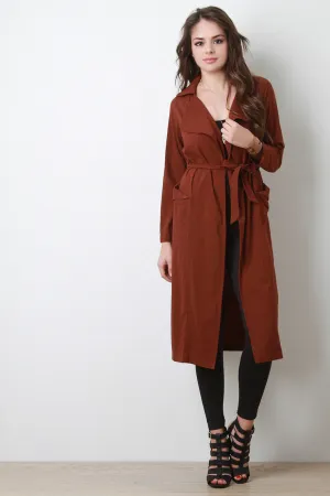 Belted Long Sleeves Open Front Longline Jacket