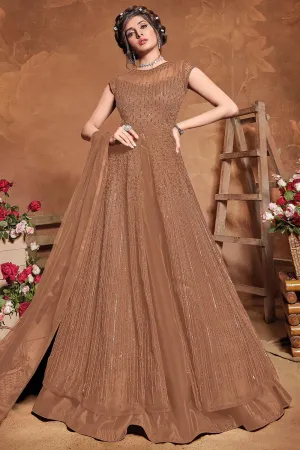 Bridesmaid Brown Net Embroidered Floor Length Anarkali Suit