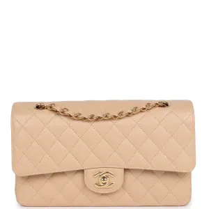 Chanel Medium Classic Double Flap Bag Beige Caviar Gold Hardware