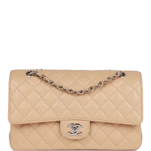 Chanel Medium Classic Double Flap Bag Beige Caviar Silver Hardware