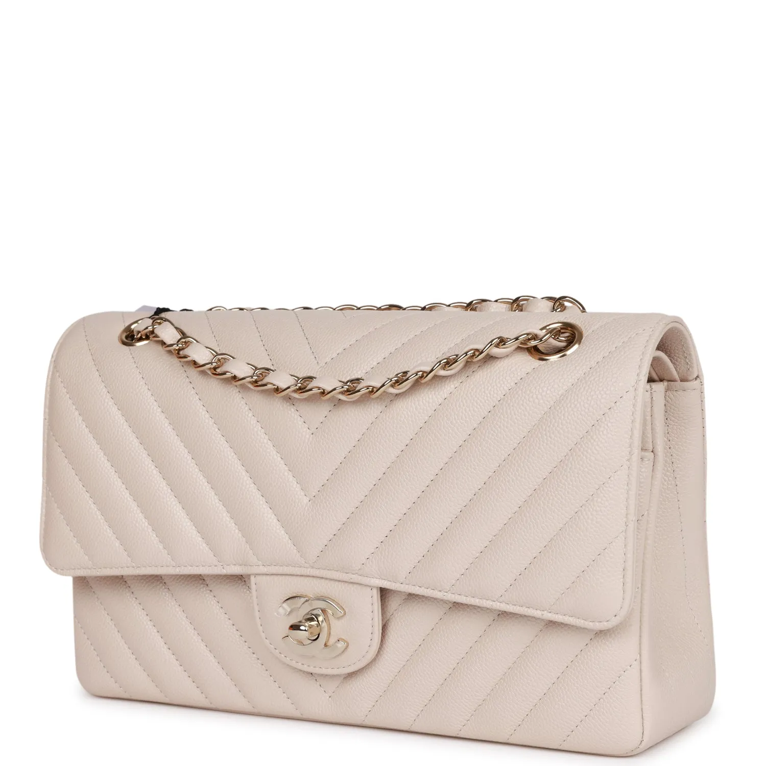 Chanel Medium Classic Double Flap Bag Beige Chevron Caviar Light Gold Hardware