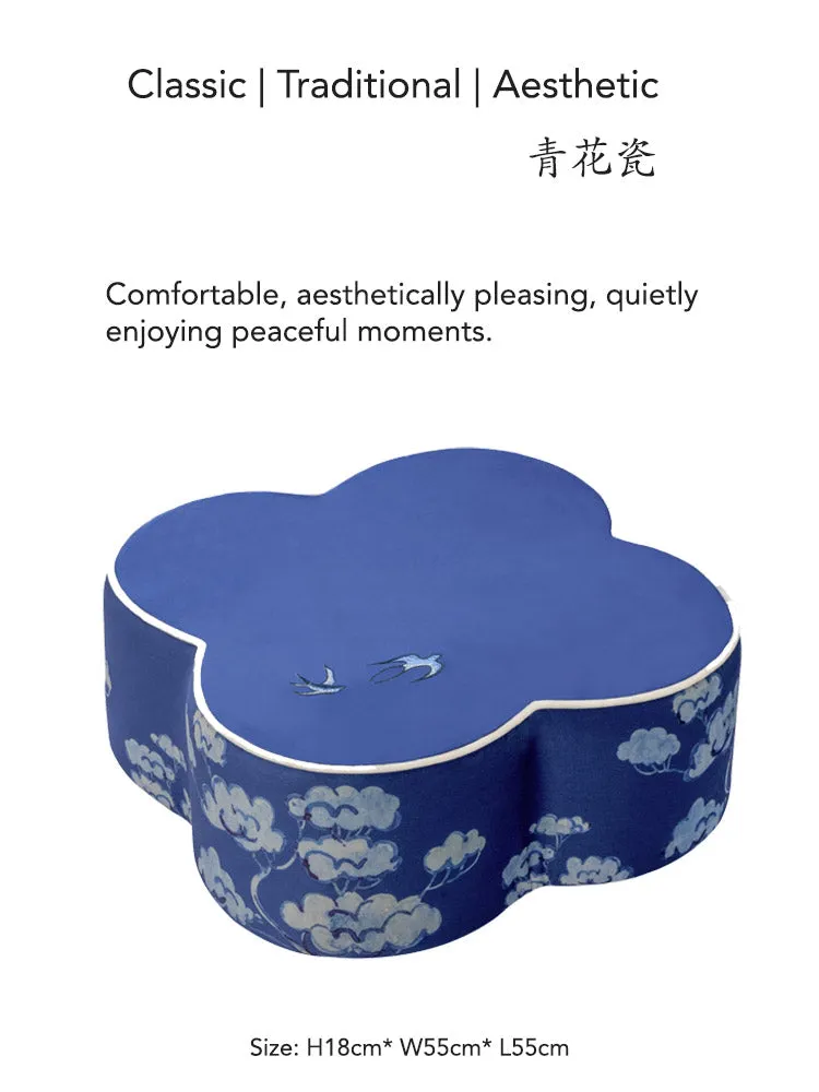 Chinese Blue and White Embroidered Swallows Return Meditation Cushion Pouf