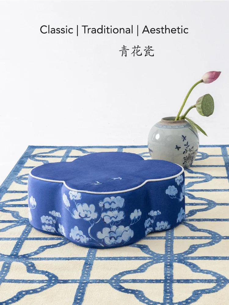 Chinese Blue and White Embroidered Swallows Return Meditation Cushion Pouf