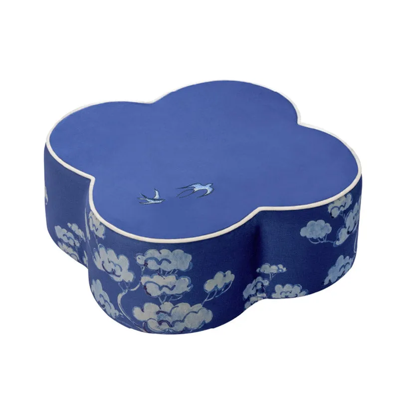 Chinese Blue and White Embroidered Swallows Return Meditation Cushion Pouf