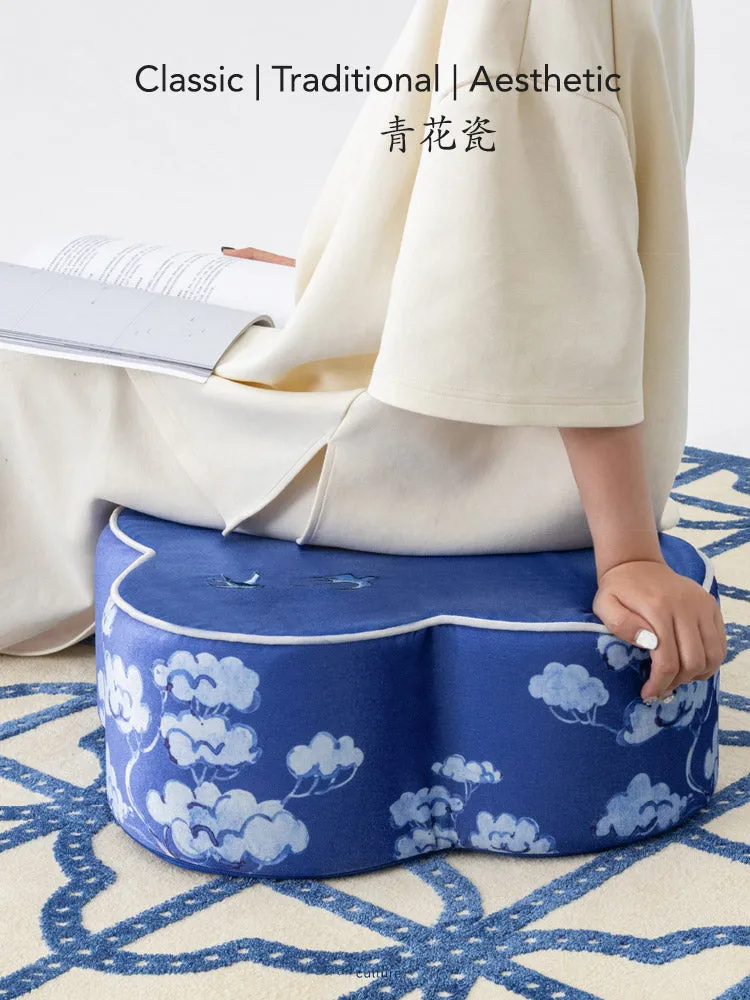 Chinese Blue and White Embroidered Swallows Return Meditation Cushion Pouf