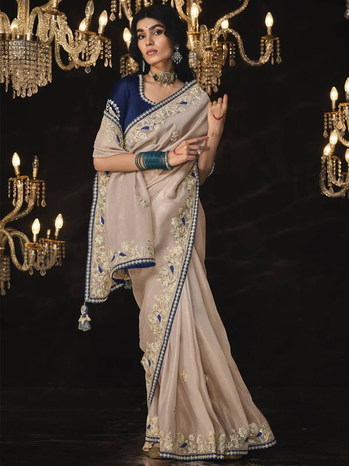 Cream Embroidered Silk Traditional Saree With Blouse