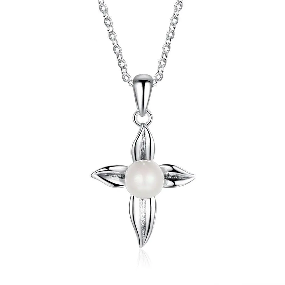 Cross Patterned Silver Pearl Pendant Necklace