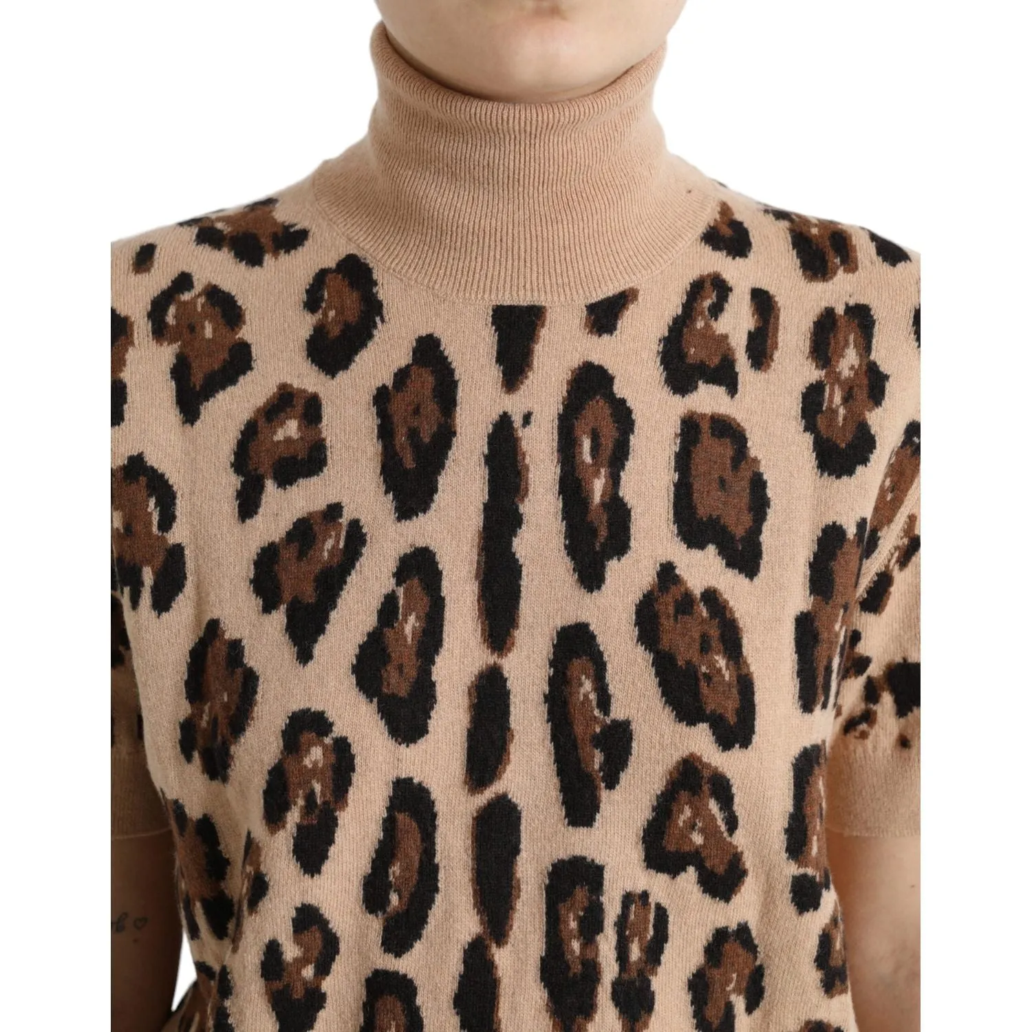 Dolce & Gabbana Elegant Beige Leopard Turtleneck Wool Top