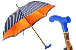 Elegant orange umbrella - handmade blue leather handle