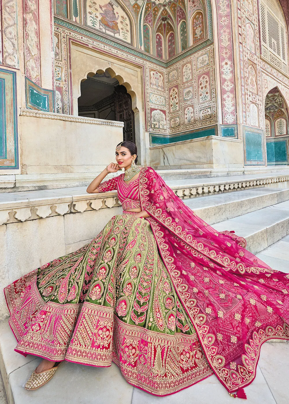 Green & Pink Bridal Wear Heavy Embroidered Silk Lehenga Choli