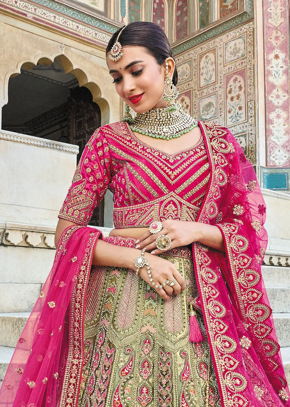 Green & Pink Bridal Wear Heavy Embroidered Silk Lehenga Choli