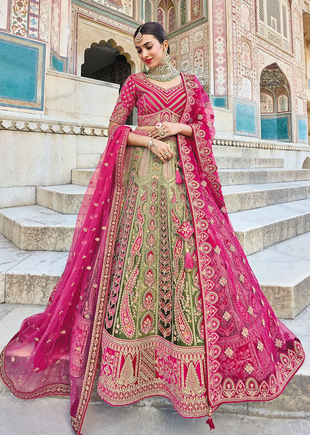 Green & Pink Bridal Wear Heavy Embroidered Silk Lehenga Choli