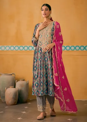 Grey Multicolor Digital Printed Embroidered Velvet Salwar Suit