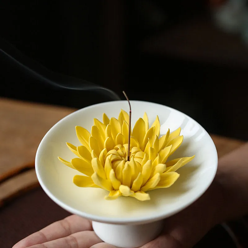 Handcrafted Ceramic Chrysanthemum Incense Burner and Holder