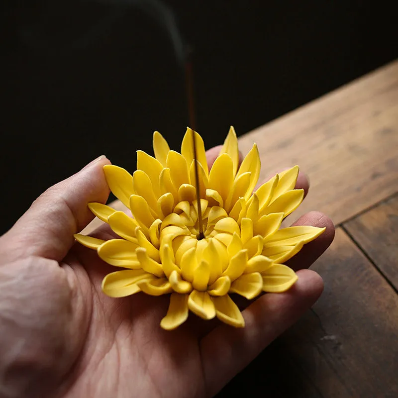 Handcrafted Ceramic Chrysanthemum Incense Burner and Holder