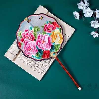 Handmade Double Side Embroidered Suzhou Embroidery Blooming Peony Flower Chinese Handheld Decorative Fan Chinese Art