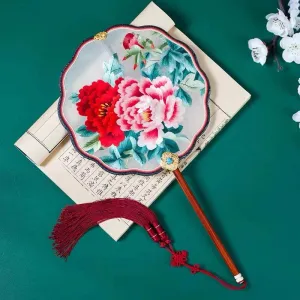 Handmade Double Side Embroidered Suzhou Embroidery Blooming Peony Flower Chinese Handheld Decorative Fan Chinese Art