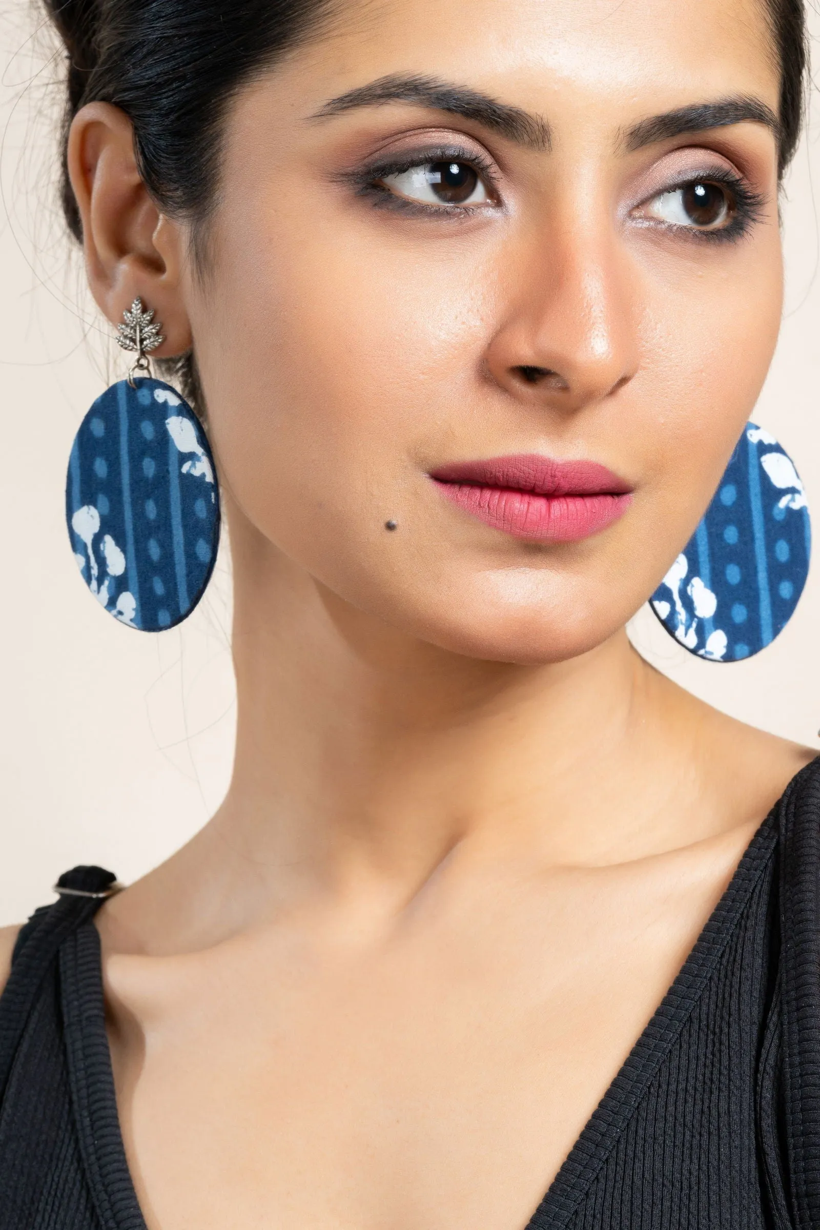 Handmade Indigo Floral Fabric with German Silver Leaf Stud Earrings- Unique & Non-Allergic Design