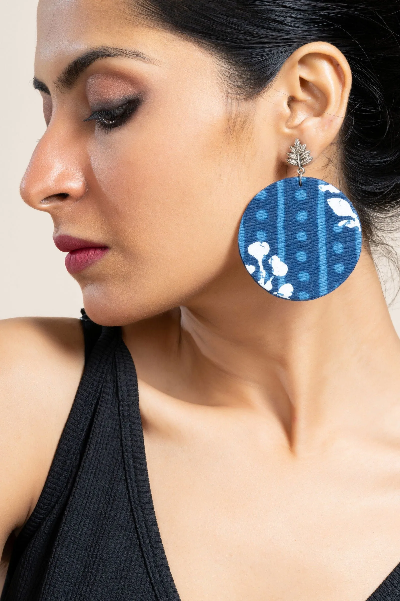 Handmade Indigo Floral Fabric with German Silver Leaf Stud Earrings- Unique & Non-Allergic Design