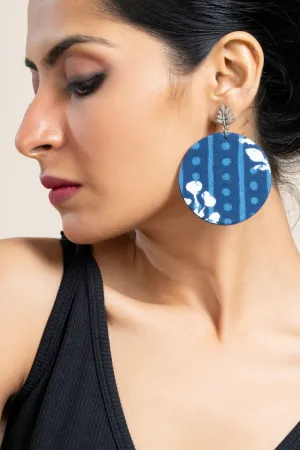 Handmade Indigo Floral Fabric with German Silver Leaf Stud Earrings- Unique & Non-Allergic Design