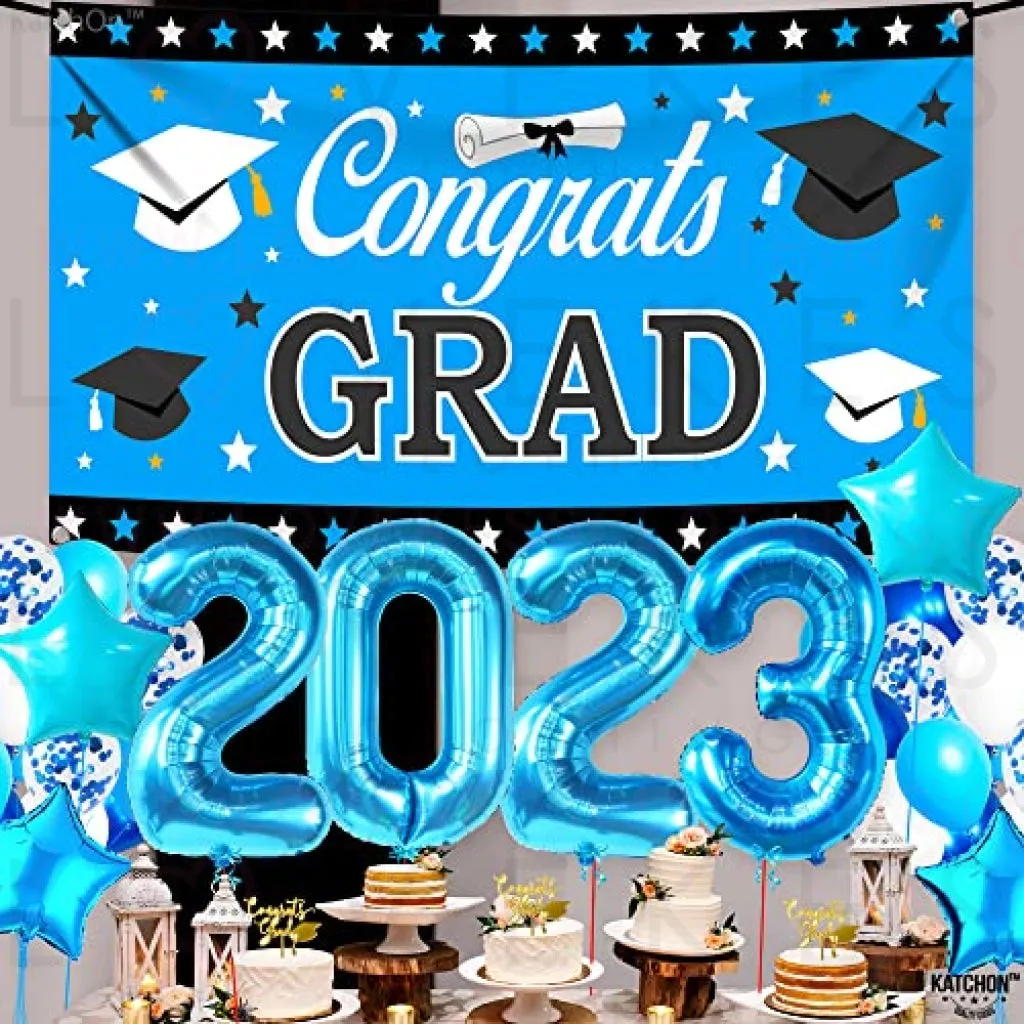 KatchOn, Graduation Decorations Class of 2023 Blue - Huge Pack of 40 | Blue 2023 Balloons | Large Congrats Grad Graduation Banner Blue with Confetti Balloons for Sky Blue Graduation Decorations 2023