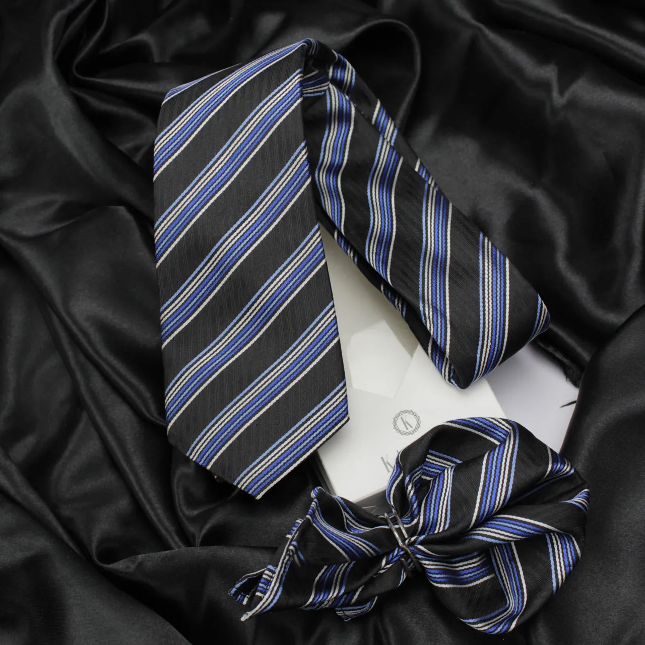 Kovove Pleasing Black Striped Necktie and Pocket Square Gift Box