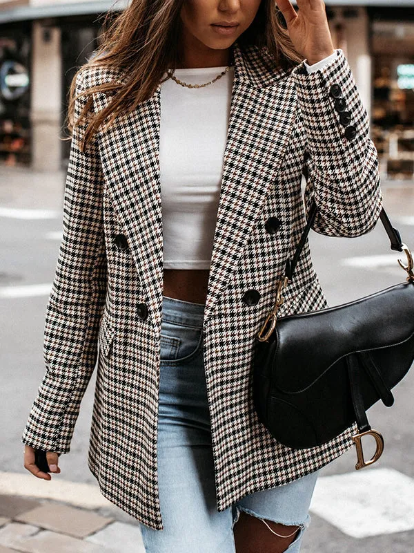 Long Sleeves Loose Buttoned Houndstooth Notched Collar Blazer Outerwear