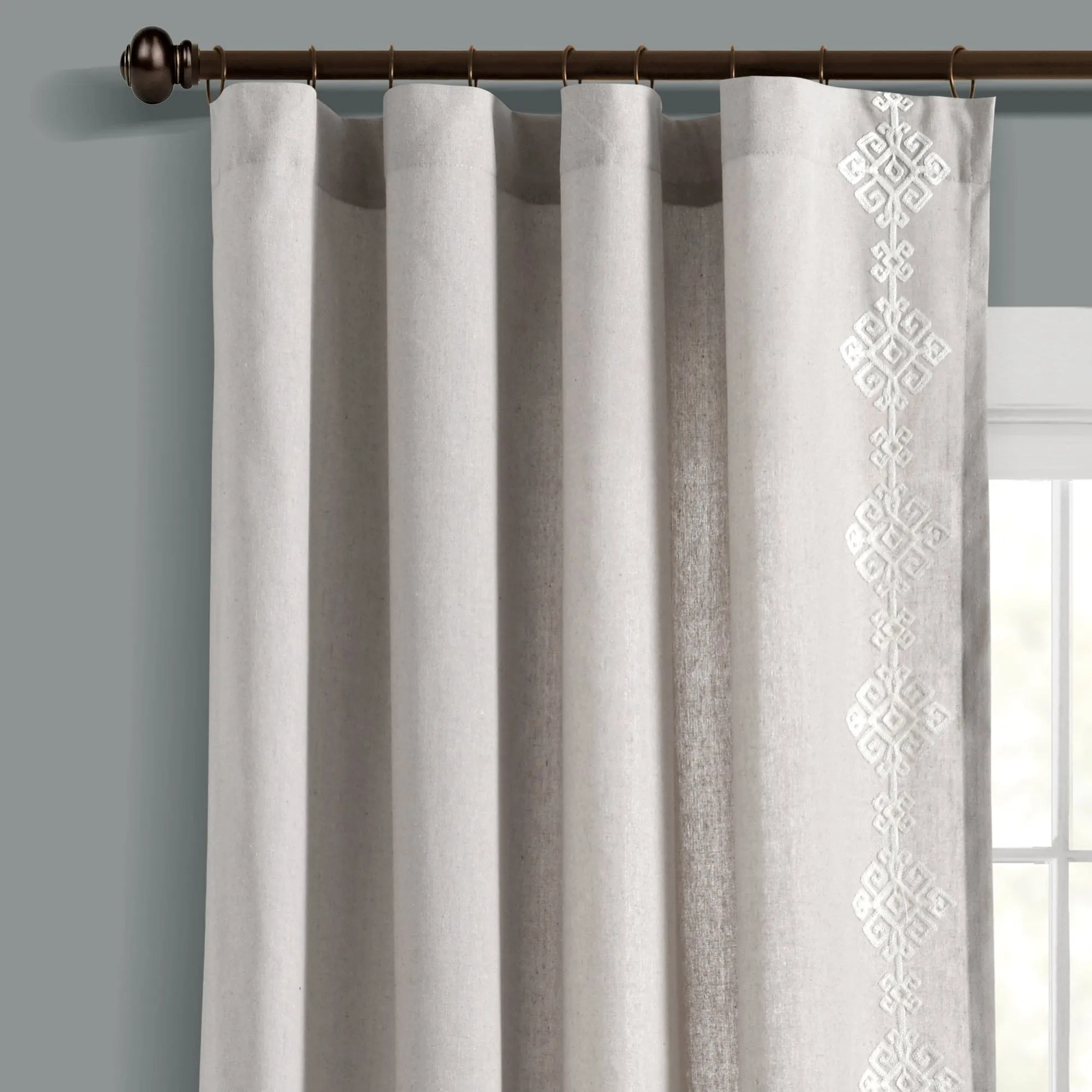 Luxury Modern Geo Linen Like Embroidery Border Window Curtain Panel