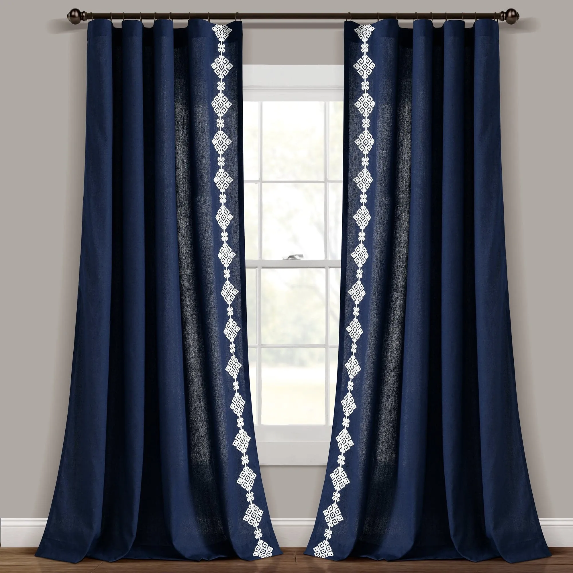 Luxury Modern Geo Linen Like Embroidery Border Window Curtain Panel