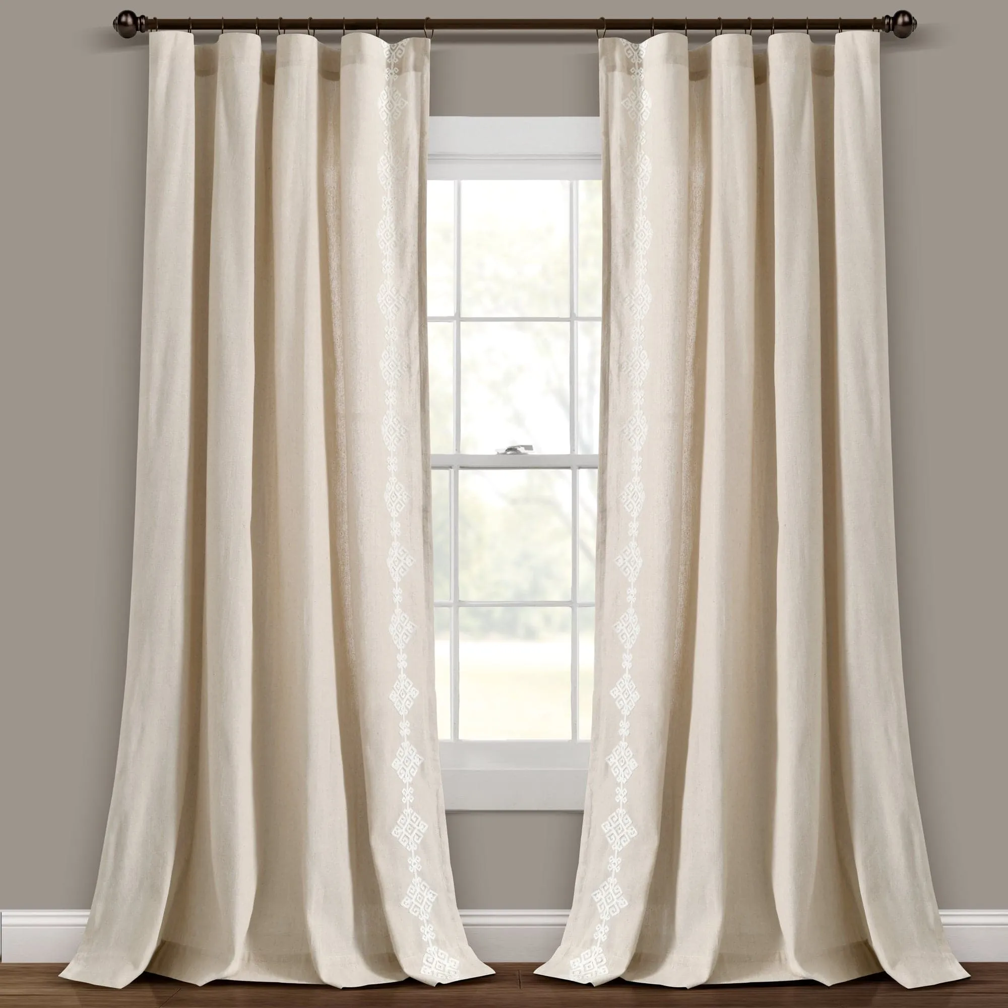 Luxury Modern Geo Linen Like Embroidery Border Window Curtain Panel