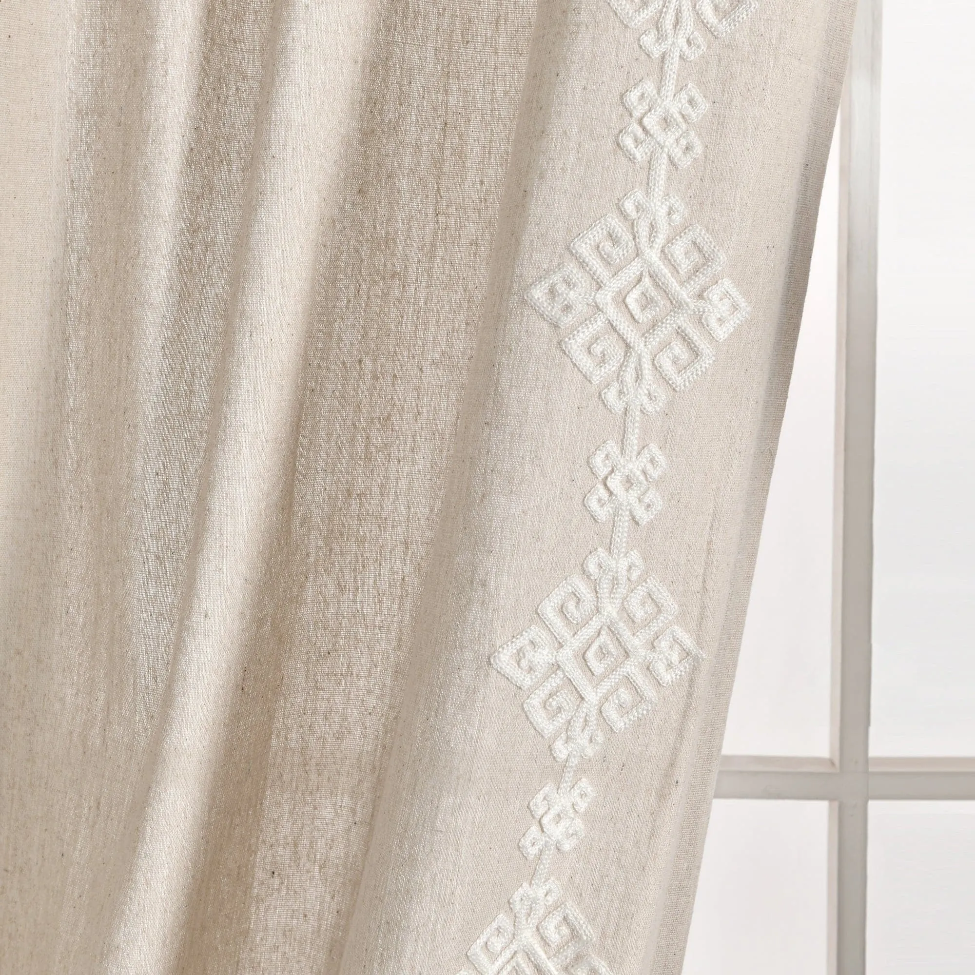 Luxury Modern Geo Linen Like Embroidery Border Window Curtain Panel