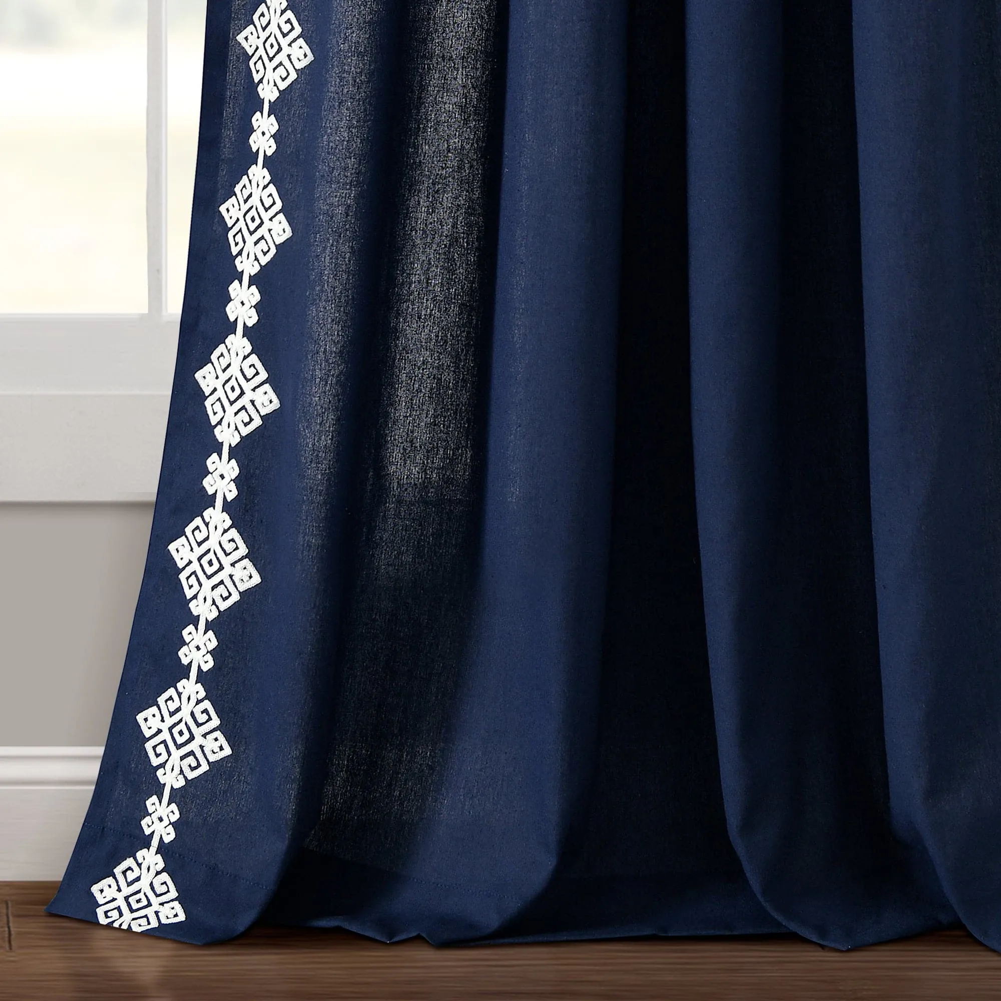 Luxury Modern Geo Linen Like Embroidery Border Window Curtain Panel