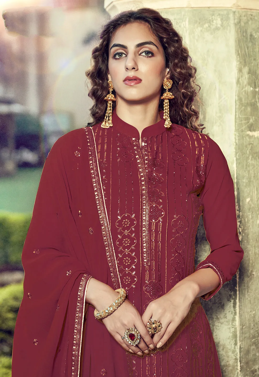 Maroon Swarovski Embroidered Georgette Palazzo Suit