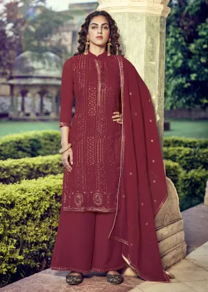 Maroon Swarovski Embroidered Georgette Palazzo Suit