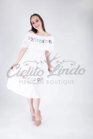 Mexican Campesina Midi Dress White