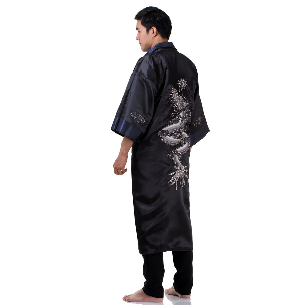 Navy Blue Qinglong Reversible Dragon Kimono Robe for Men