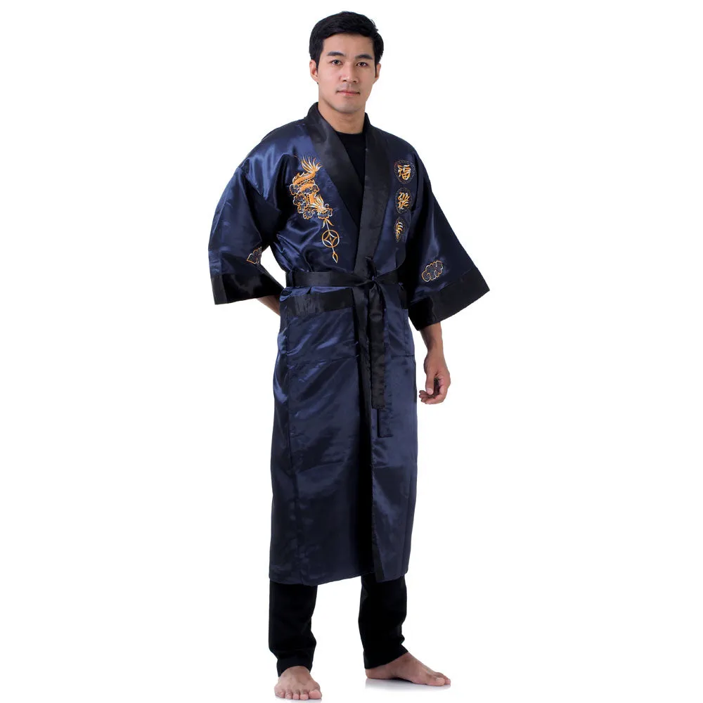 Navy Blue Qinglong Reversible Dragon Kimono Robe for Men