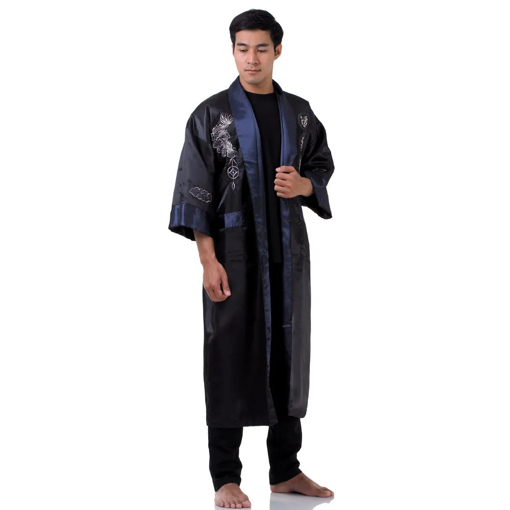 Navy Blue Qinglong Reversible Dragon Kimono Robe for Men