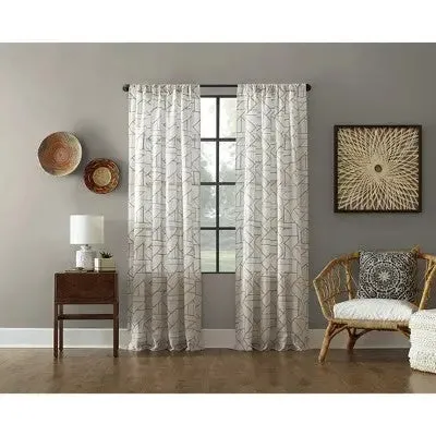 New - 1pc 50"x84" Light Filtering Jigsaw Embroidery Linen Blend Window Curtain Panel Gray/Linen - Archaeo